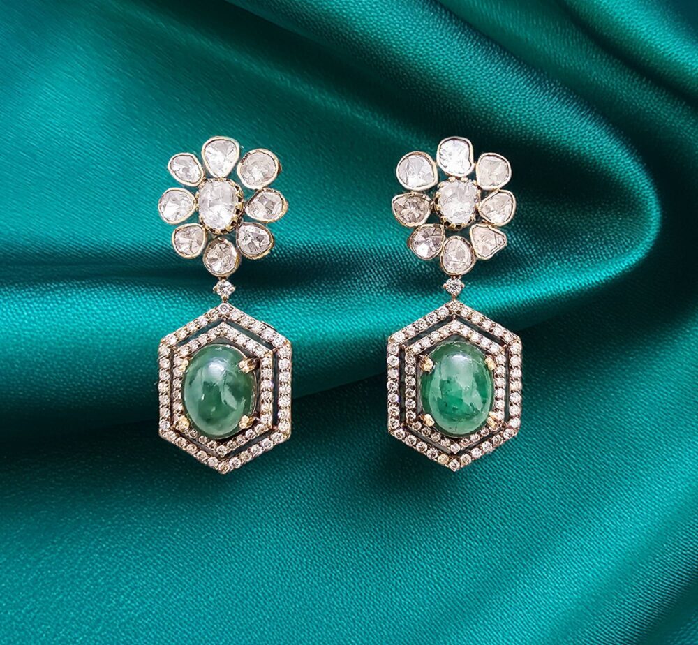 Polki Diamond Hangings with Emerald